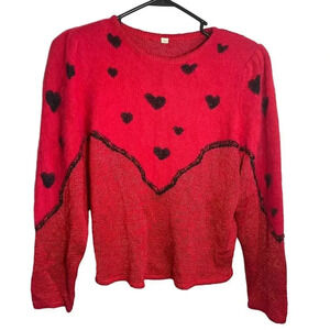 Red Black Heart Pattern Soft Pullover Shoulder Pad Sweater Women's Size 44
